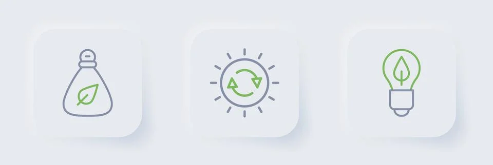 Set line Light bulb with leaf, Solar energy panel and Garbage bag icon. Vecto Stock Illustration