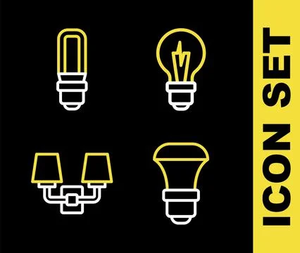 Set line Light bulb, LED light, Wall lamp or sconce and icon. Vector Stock Illustration