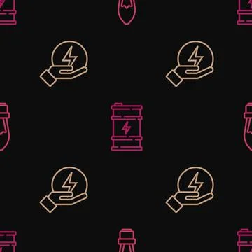 Set line Light bulb, Lightning bolt and Bio fuel barrel on seamless pattern Stock Illustration