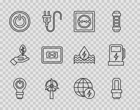 Set line Light bulb with lightning, LED, Electrical outlet, Wind turbine, Power Stock Illustration
