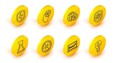 Set line Light bulb with lightning, Equation solution, Radioactive, Test tu.. Stock Illustration