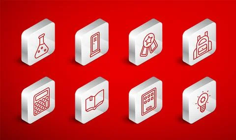 Set line Light bulb, Locker or changing room, Medal with star, School backpack Stock-Illustration