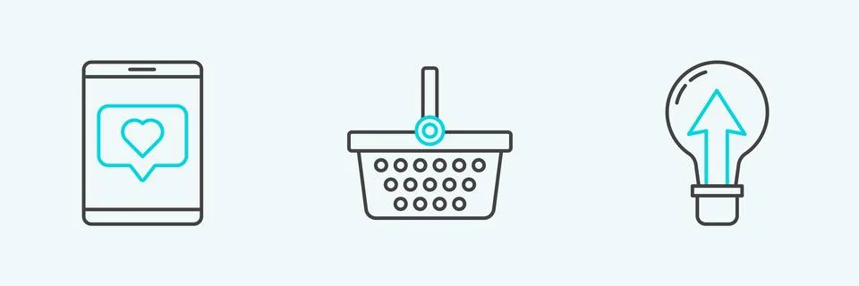 Set line Light bulb, Mobile phone and like with heart and Shopping basket i.. Stock Illustration