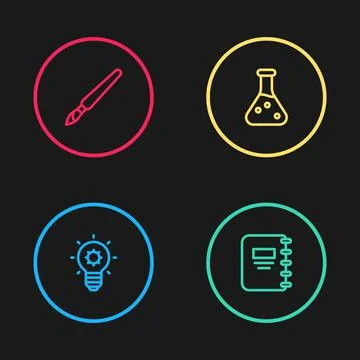 Set line Light bulb, Notebook, Test tube and Paint brush icon. Vector Stock Illustration