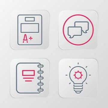 Set line Light bulb, Notebook, Speech bubble chat and Exam sheet with A plus Stock Illustration