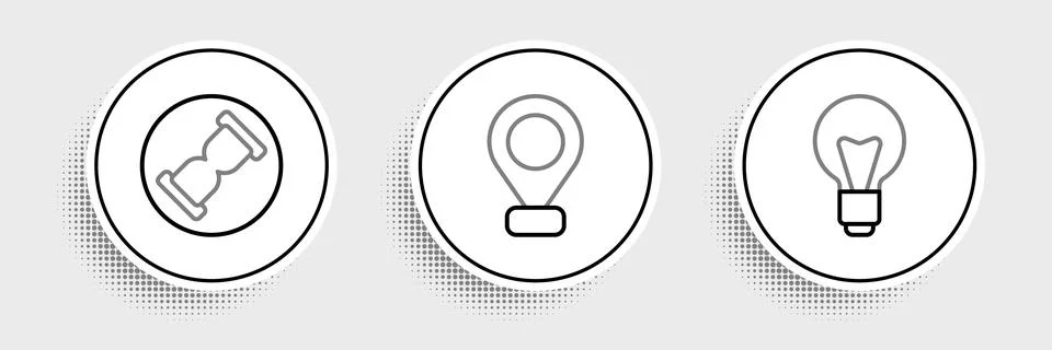 Set line Light bulb, Old hourglass with sand and Location icon. Vector Stock Illustration