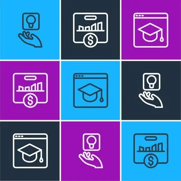 Set line Light bulb, Online education and Key performance indicator icon. Vector Stock Illustration