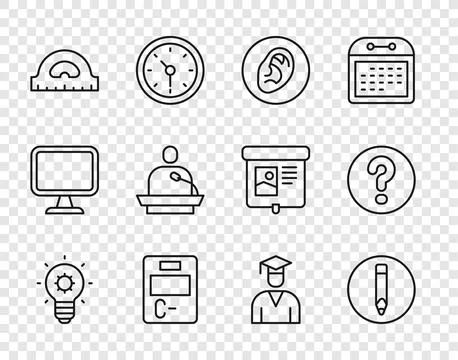 Set line Light bulb, Pencil, Ear listen sound signal, Exam paper with incorrect Stock Illustration