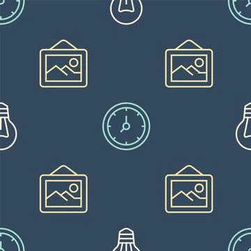 Set line Light bulb, Picture landscape and Clock on seamless pattern. Vector Stock Illustration