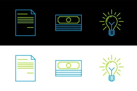 Set line Light bulb with rays shine and concept of idea, Document and Stacks Stock Illustration