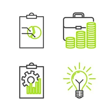Set line Light bulb with rays shine and concept of idea, Clipboard graph ch.. Stock Illustration