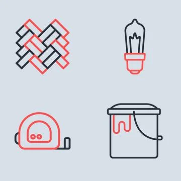 Set line Light bulb, Roulette construction, Paint bucket and Parquet icon. .. Stock Illustration