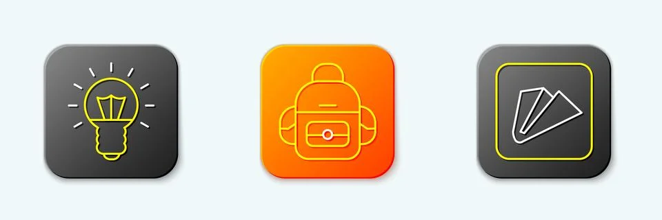 Set line Light bulb, School backpack and Paper airplane icon. Vector Stock Illustration