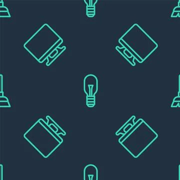 Set line Light bulb, Smart Tv and Handle broom on seamless pattern. Vector Illustration