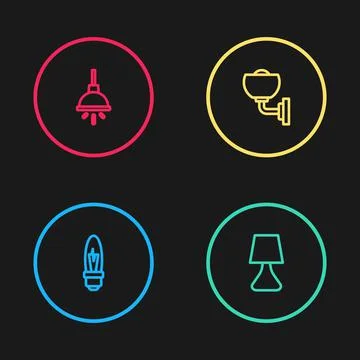 Set line Light bulb, Table lamp, Wall or sconce and Chandelier icon. Vector Stock Illustration