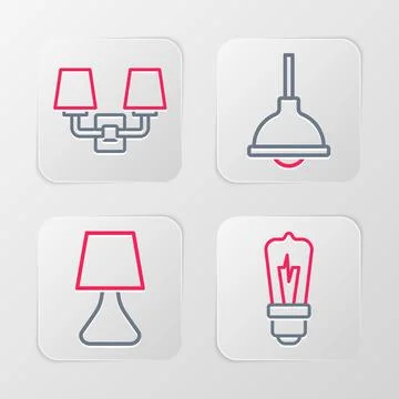 Set line Light bulb, Table lamp, Lamp hanging and Wall or sconce icon. Vector Stock Illustration