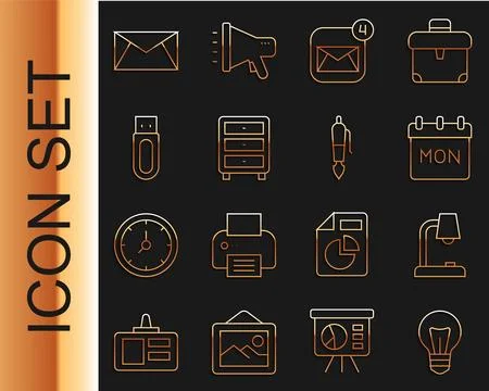 Set line Light bulb, Table lamp, Calendar, Envelope, Archive papers drawer,.. Stock Illustration