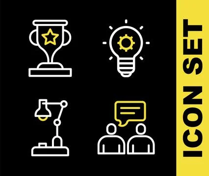 Set line Light bulb, Two sitting men talking, Table lamp and Award cup icon Illustrazione stock