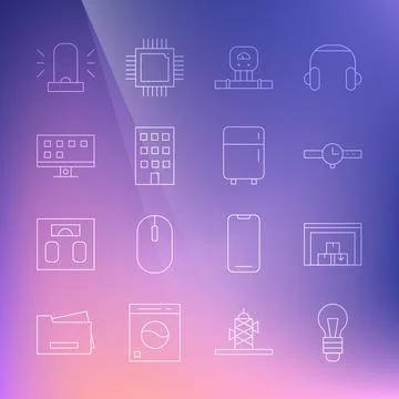 Set line Light bulb, Warehouse, Wrist watch, Smart sensor, House, Tv, Flasher Stock Illustration