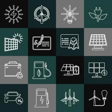Set line Light bulb with wind turbine, Solar energy panel, gear, Signed document Stock Illustration