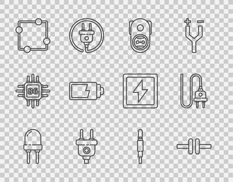 Set line Light emitting diode, Electric circuit scheme, Electrical outlet, plug Ilustração Stock
