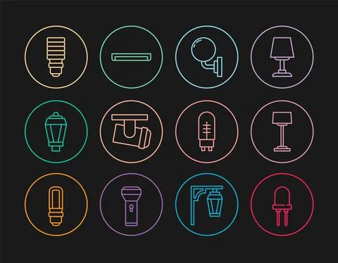Set line Light emitting diode, Floor lamp, Wall sconce, Led track lights and Stock Illustration