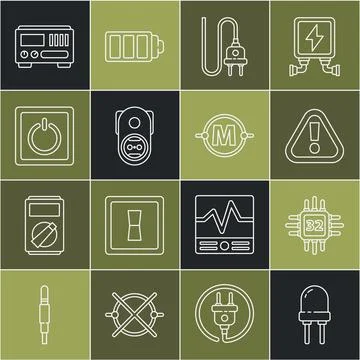 Set line Light emitting diode, Processor with microcircuits CPU, Exclamation Stock Illustration