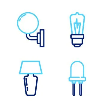 Set line Light emitting diode, Table lamp, bulb and Wall or sconce icon. Vect Stock Illustration
