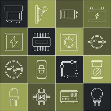 Set line Light emitting diode, Multimeter, Electric circuit scheme, Battery Stock Illustration
