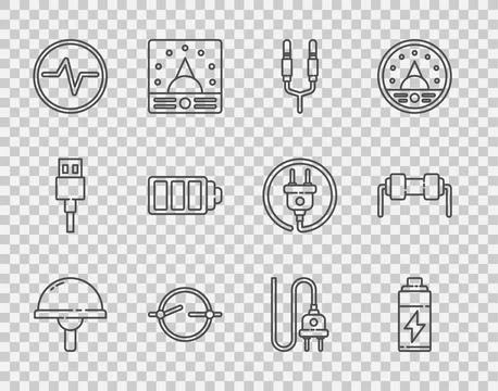 Set line Light emitting diode, Battery, Audio jack, Electric circuit scheme Stock Illustration