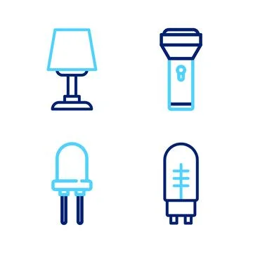 Set line Light emitting diode, Flashlight and Table lamp icon. Vector Stock Illustration