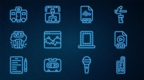 Set line Light meter, FLV file document, MP3, Music wave equalizer, VFX, Actor Stock Illustration
