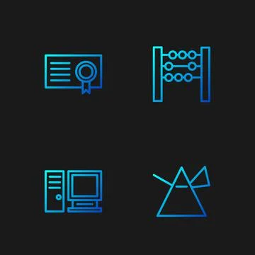 Set line Light rays in prism, Computer monitor, Certificate template and Abacus Illustrazione stock