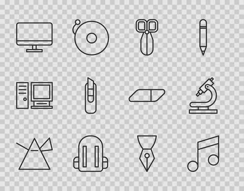 Set line Light rays in prism, Music note, tone, Scissors, School backpack Stockillustratie