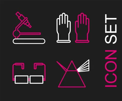 Set line Light rays in prism, Glasses, Rubber gloves and Microscope icon. Vector Stock Illustration