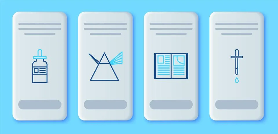 Set line Light rays in prism, Open book, Glass bottle with pipette and Pipette Illustrazione stock