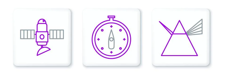 Set line Light rays in prism, Satellite and Compass icon. Vector Illustrazione stock