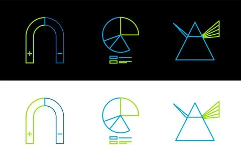 Set line Light rays in prism, Magnet and Pie chart infographic icon. Vector Illustrazione stock