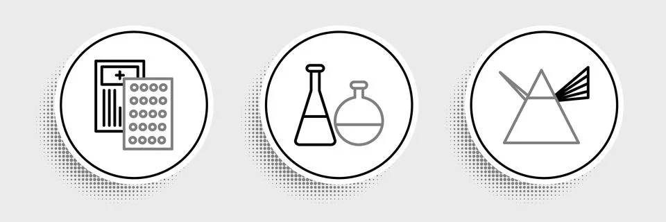 Set line Light rays in prism, Pills blister pack and Test tube and flask ch.. Stock Illustration