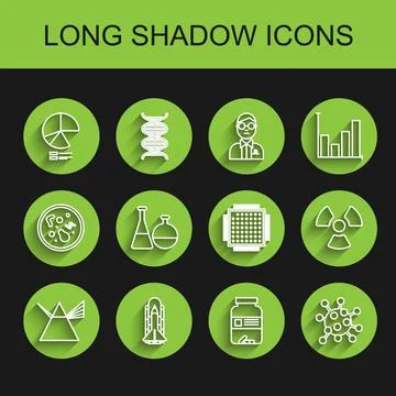 Set line Light rays in prism, Space shuttle and rockets, Pie chart infograp.. Stock Illustration