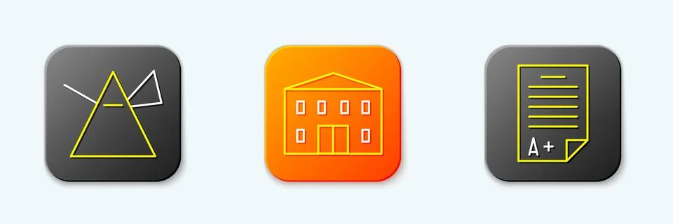 Set line Light rays in prism, School building and Exam sheet with A plus gr.. Stock Illustration