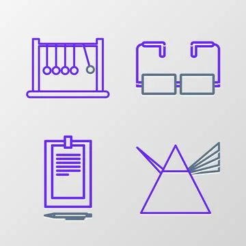 Set line Light rays in prism, Clipboard with document, Glasses and Pendulum.. 스톡 일러스트