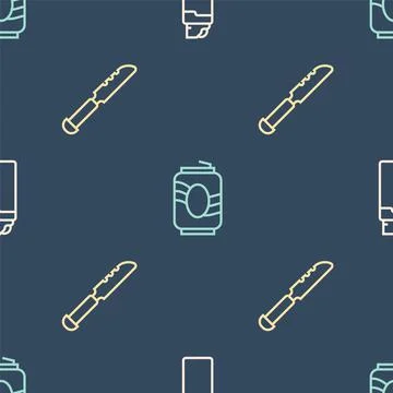 Set line Lighter, Bread knife and Soda can on seamless pattern. Vector Stockillustratie