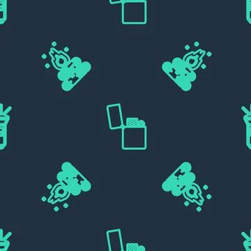 Set line Lighter, Campfire and Flashlight on seamless pattern. Vector Stock Illustration