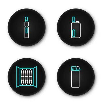 Set line Lighter, Cigar, Electronic cigarette and  icon. Vector Stock Illustration