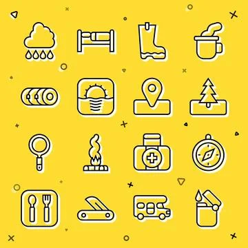 Set line Lighter, Compass, Tree, Waterproof rubber boot, Sunrise, Blanket roll Illustrazione stock