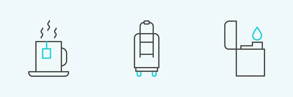 Set line Lighter, Cup of tea with tea bag and Suitcase icon. Vector Stock Illustration