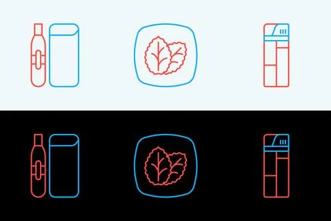Set line Lighter, Electronic cigarette and Tobacco leaf icon. Vector Stock Illustration