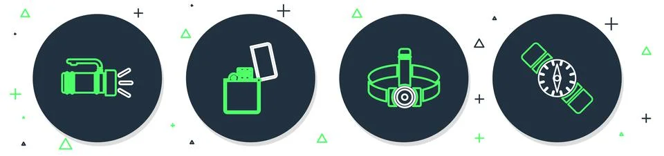 Set line Lighter, Head flashlight, Flashlight and Compass icon. Vector Stock Illustration