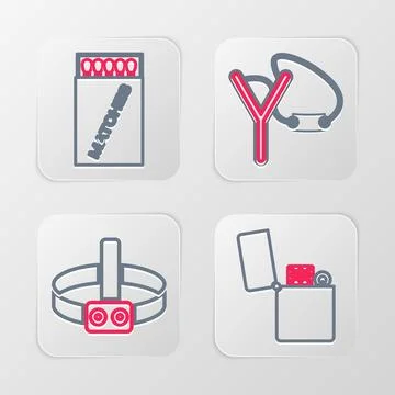 Set line Lighter, Head flashlight, Slingshot and Open matchbox and matches .. Ilustração Stock